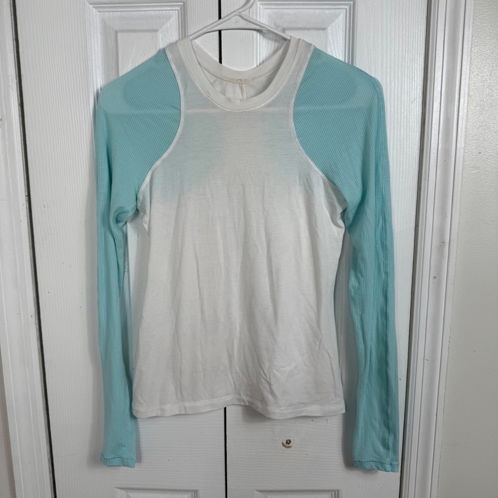 Lululemon Long Sleeve Top Womens Aqua White Ribbed Racerback Yoga No Size